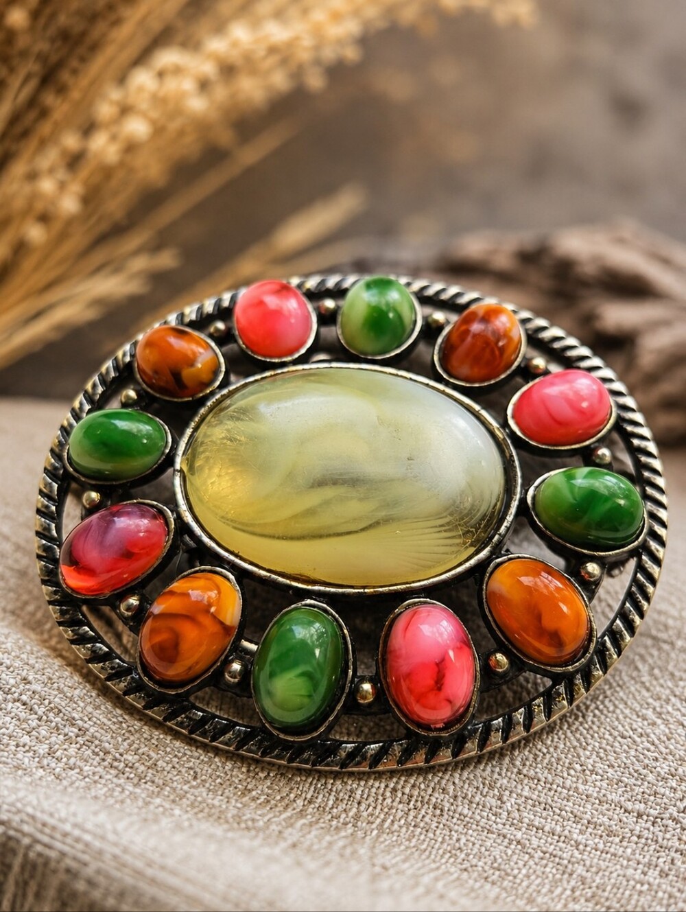 Vintage Multicolor Cabochon Belt Buckle Oval Western Boho Statement Buckle